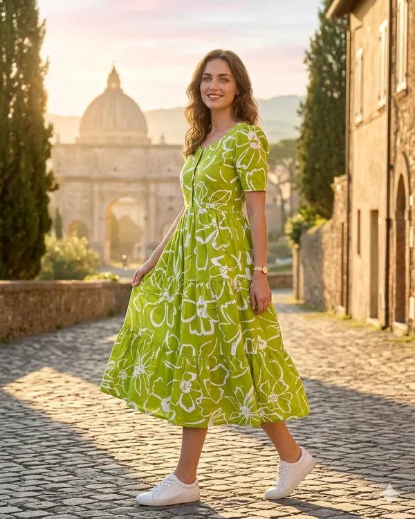 Lime_Green_Cotton_Floral_Print_Midi_Dress_For_Women