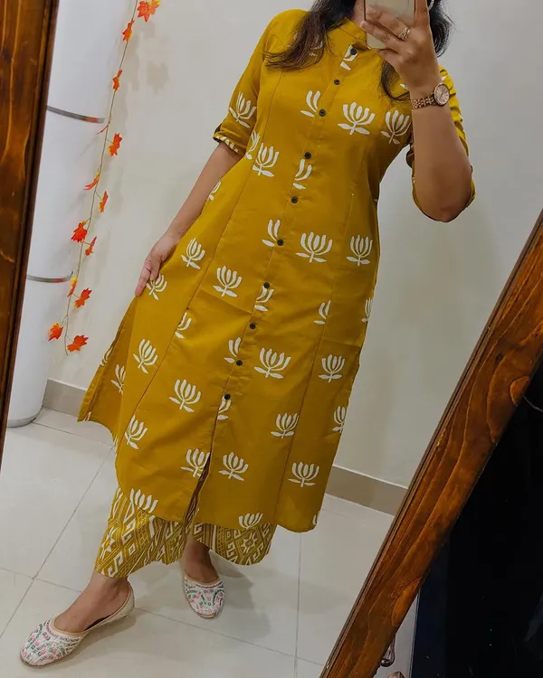 Mustard_Yellow_Cotton_Floral_Print_Kurta_Palazzo_Set_For_Women