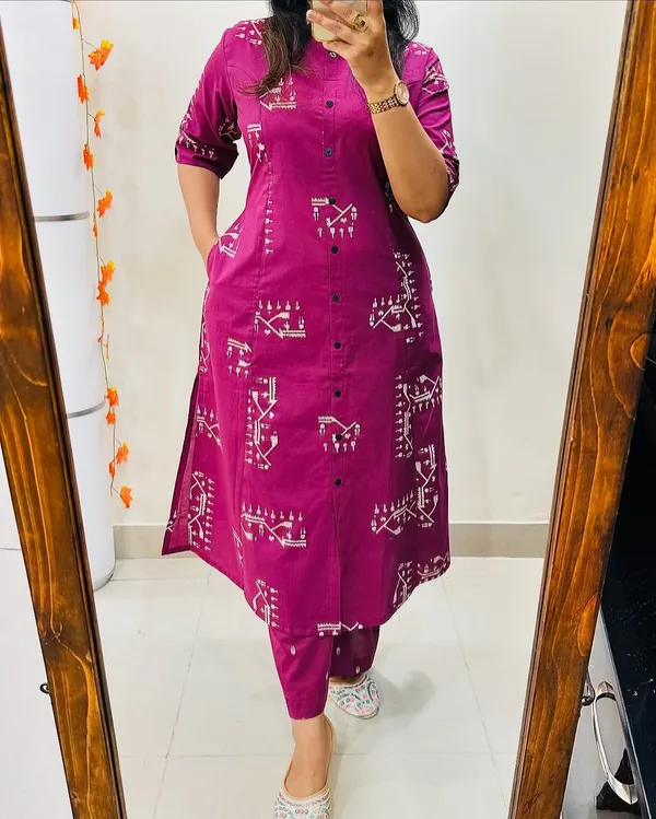 Purple_Cotton_Warli_Print_Kurti_Pant_Set_For_Women