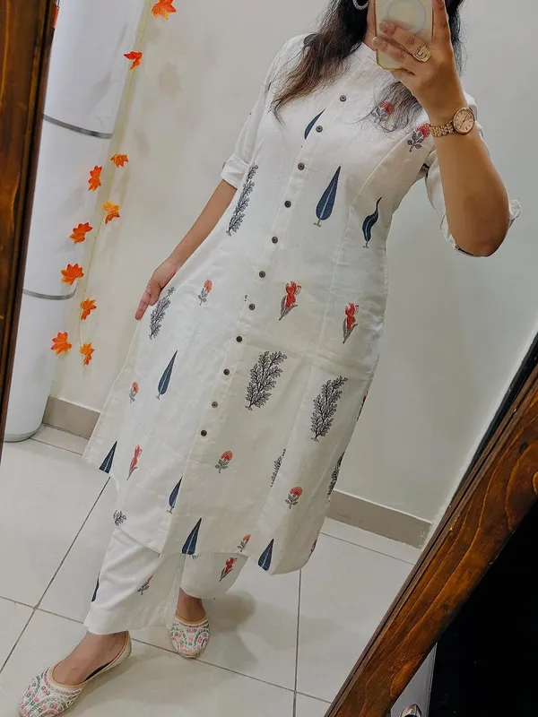 White_Cotton_Floral_Print_Button-Down_Straight_Kurta_Set_For_Women