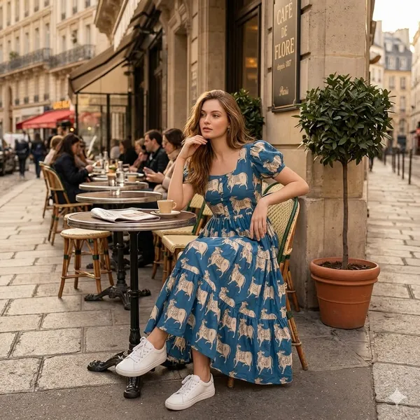 Blue_Cotton_Animal_Print_Puff_Sleeve_Midi_Dress_For_Women