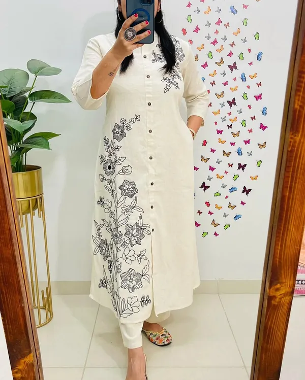 Off_White_Cotton_Floral_Embroidered_Button-Down_Kurta_Pant_Set_For_Women