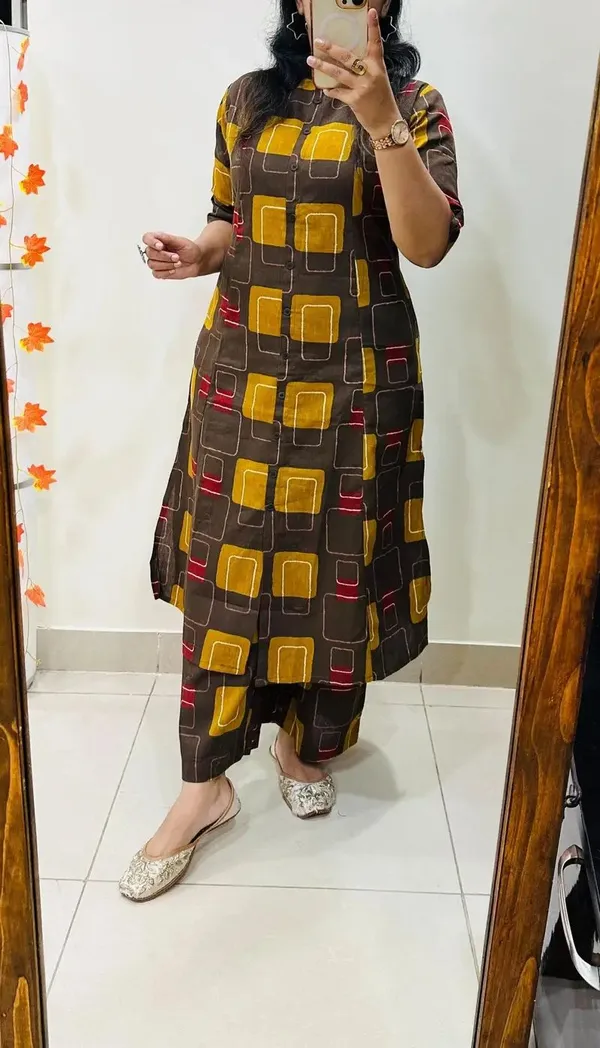 Brown_Cotton_Straight_Kurta_Pant_Set_For_Women