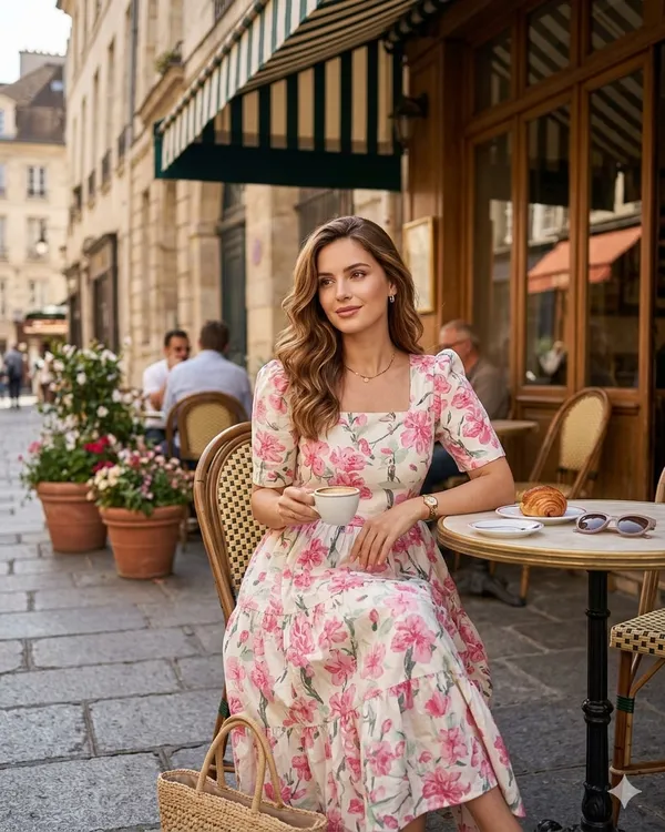 Pink_Cotton_Floral_Print_Puff_Sleeve_Midi_Dress_For_Women