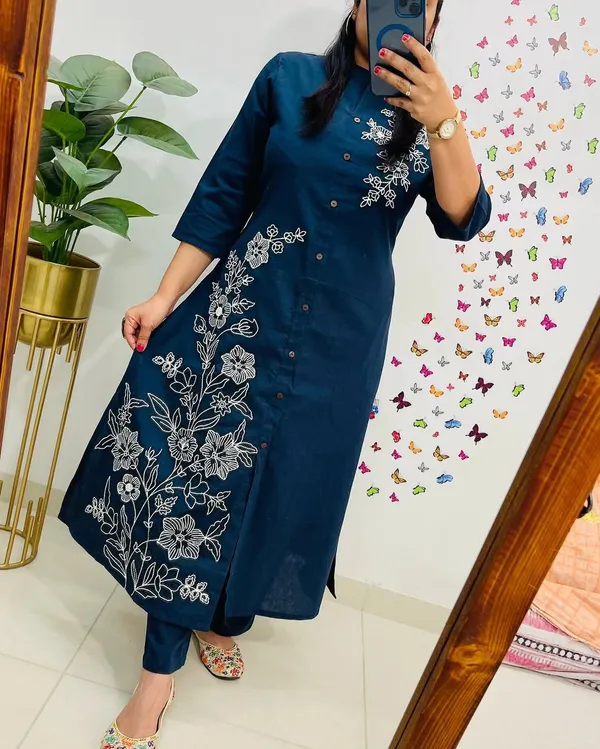 Navy_Blue_Cotton_Floral_Embroidered_Straight_Kurta_Set_For_Women