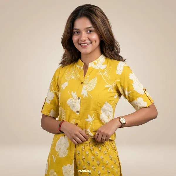 Yellow_Cotton_Floral_Print_Kurta_Set_For_Women