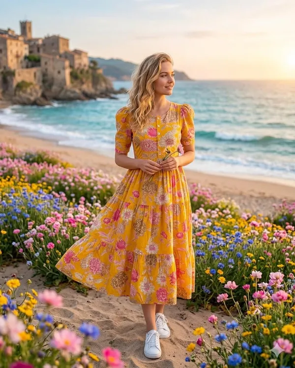 Yellow_Cotton_Tiered_Floral_Print_Midi_Dress_For_Women
