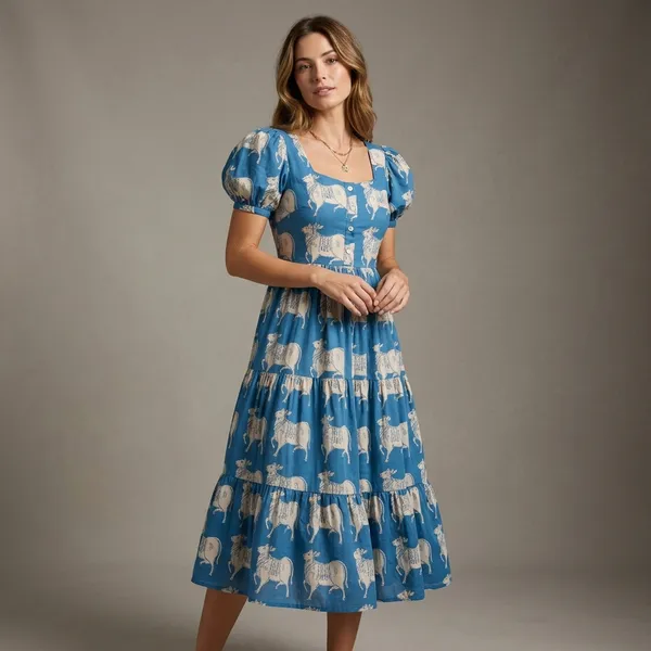 Blue_Cotton_Animal_Print_Puff_Sleeve_Midi_Dress_For_Women