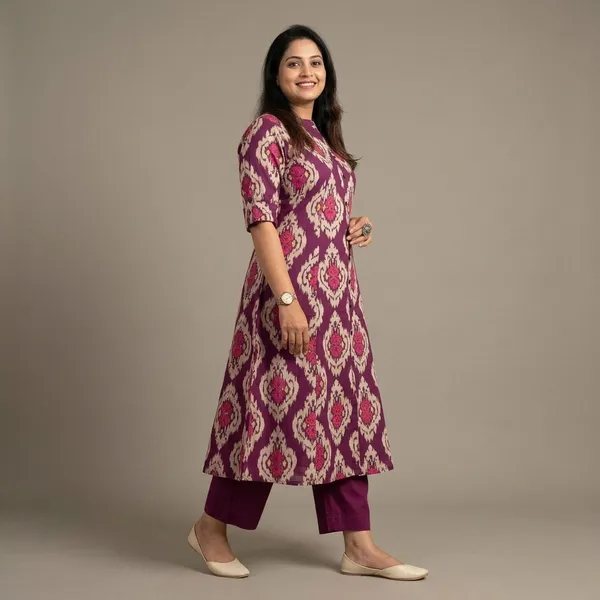 Purple_Cotton_Ikat_Print_A-Line_Kurta_Pant_Set_For_Women