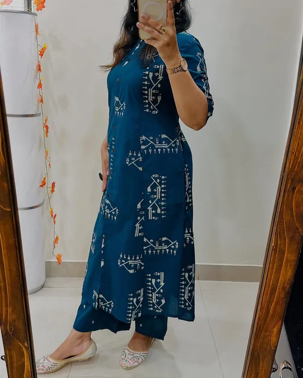Blue_Cotton_Straight_Warli_Print_Kurta_Pant_Set_For_Women