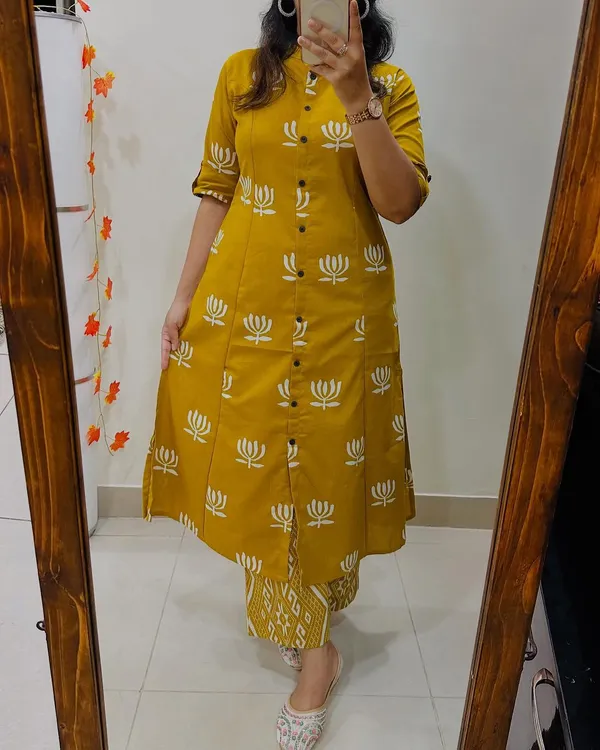 Mustard_Yellow_Cotton_Floral_Print_Kurta_Palazzo_Set_For_Women