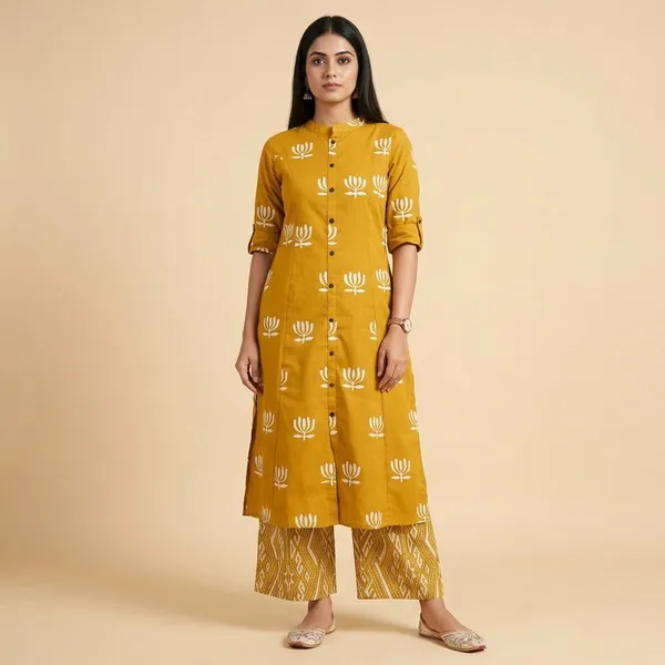 Mustard_Yellow_Cotton_Floral_Print_Kurta_Palazzo_Set_For_Women
