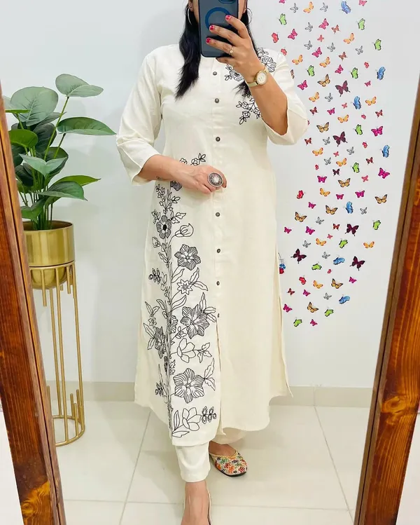 Off_White_Cotton_Floral_Embroidered_Button-Down_Kurta_Pant_Set_For_Women
