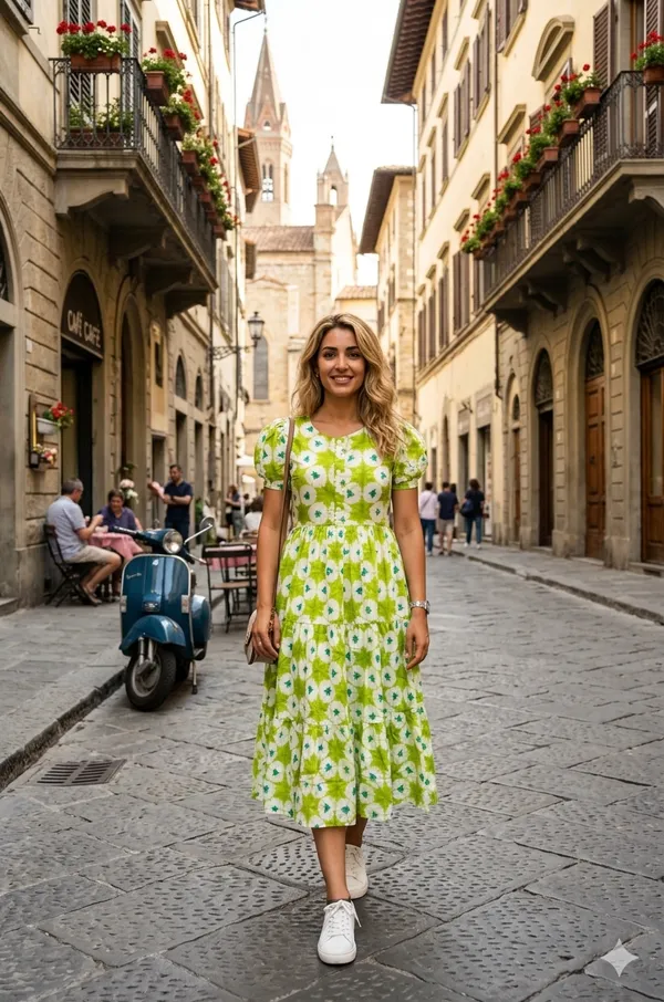 Green_Cotton_Short_Sleeve_Floral_Print_Midi_Dress_For_Women