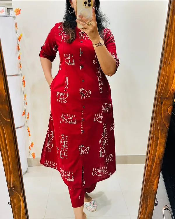 Red_Cotton_Warli_Print_Kurta_Pant_Set_For_Women