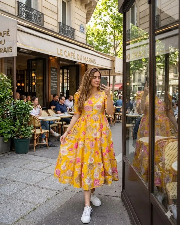 Yellow_Cotton_Tiered_Floral_Print_Midi_Dress_For_Women