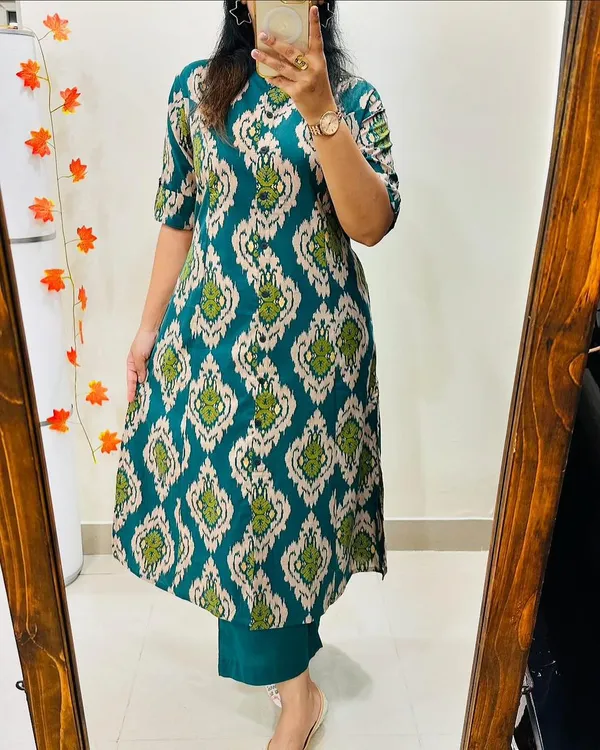 Teal_Green_Cotton_Printed_Straight_Kurta_Pant_Set_For_Women