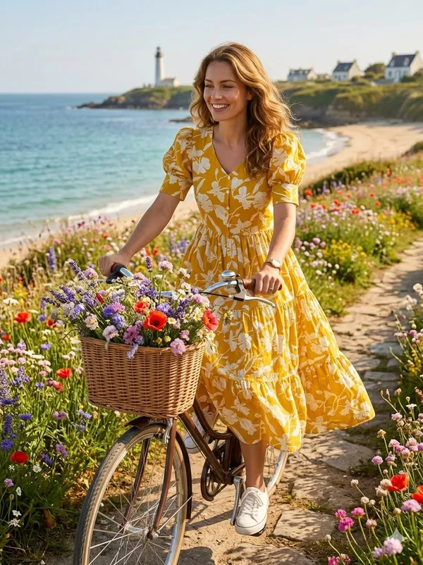 Yellow_Cotton_Puff_Sleeve_Floral_Print_Midi_Dress_For_Women