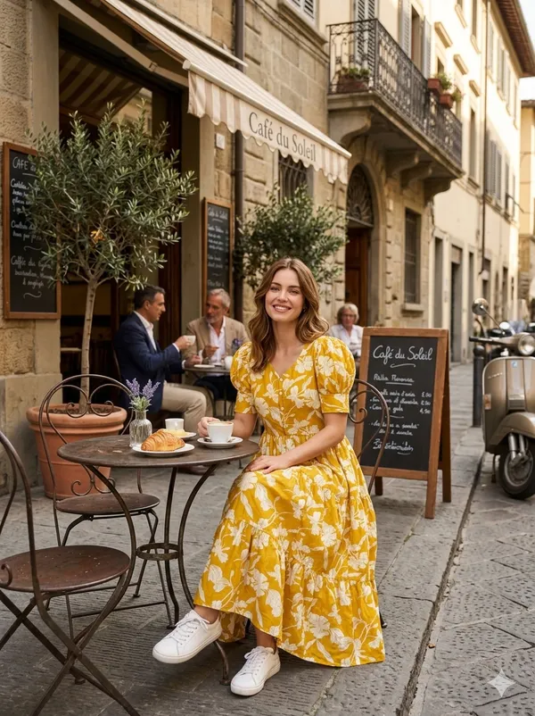 Yellow_Cotton_Puff_Sleeve_Floral_Print_Midi_Dress_For_Women