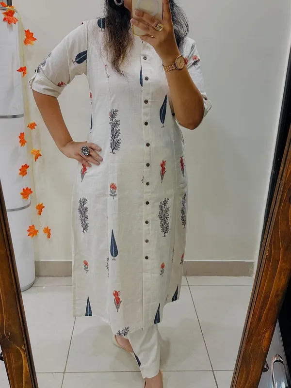 White_Cotton_Floral_Print_Button-Down_Straight_Kurta_Set_For_Women