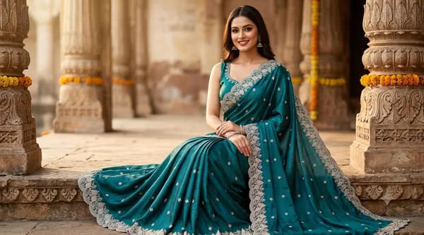 Teal_Tussar_Silk_Embroidered_Border_Saree_For_Women