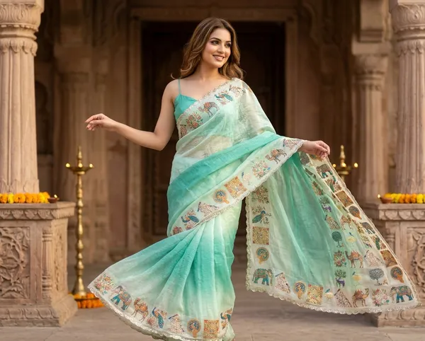 Sea_Green_Organza_Printed_Embroidery_Border_Saree_For_Women