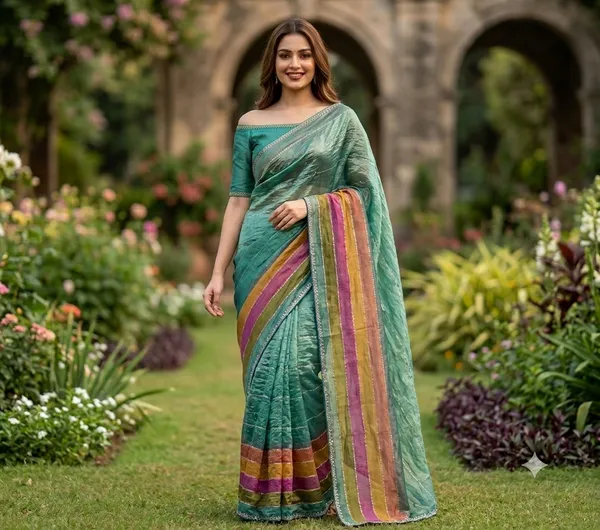 Sea_Green_Organza_Striped_Embroidery_Border_Saree_For_Women