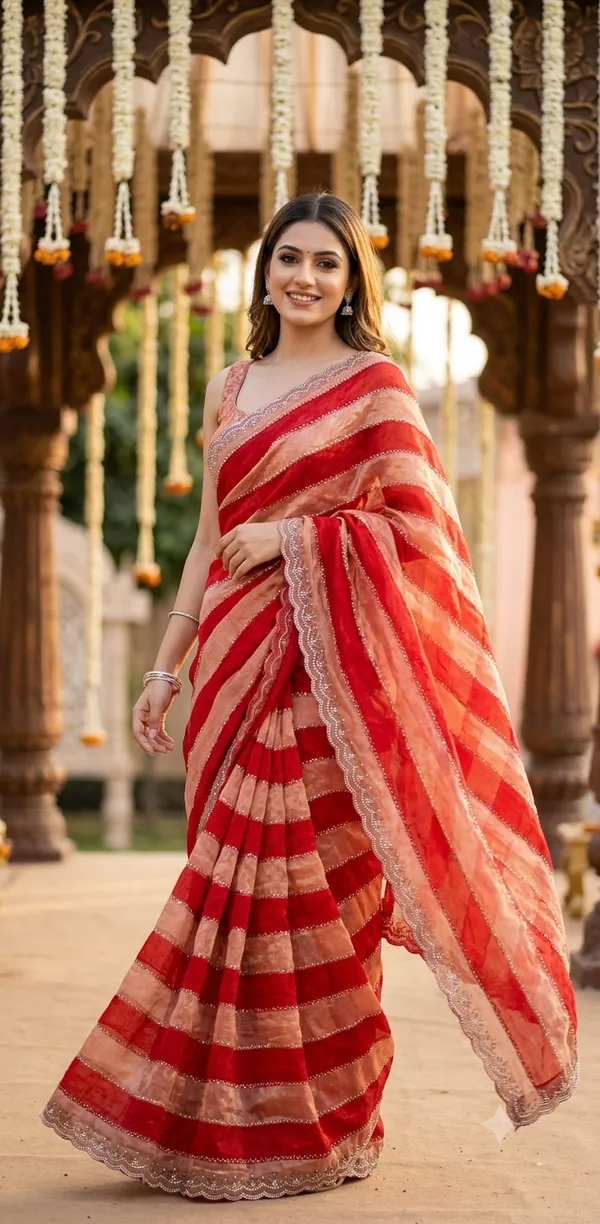Red_Organza_Striped_Embellished_Border_Saree_For_Women