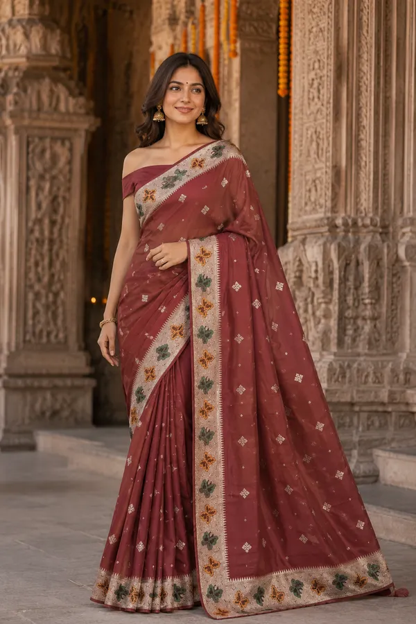 Pyazi_Tussar_Silk_Embroidered_Border_Saree_For_Women
