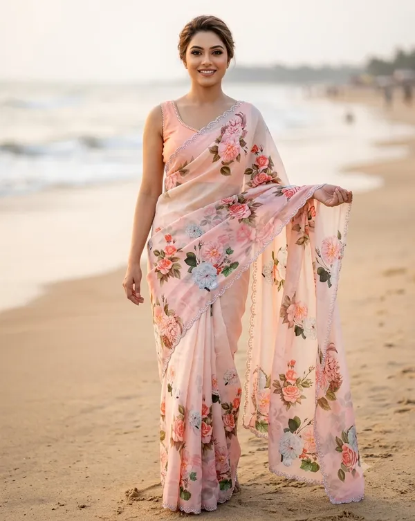 Peach_Satin_Floral_Print_Zarkan_Border_Saree_For_Women