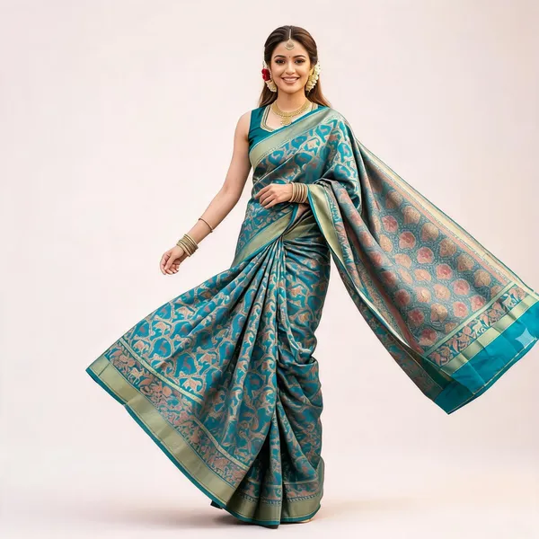 Teal_Silk_Zari_Woven_Border_Banarasi_Saree_For_Women