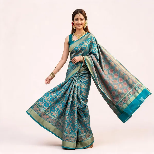 Teal_Silk_Zari_Woven_Border_Banarasi_Saree_For_Women