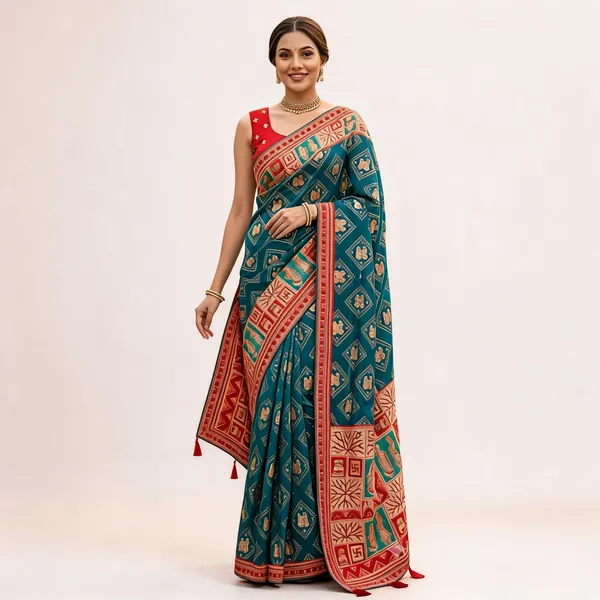 Peacock_Organza_Printed_Saree_With_Red_Border_For_Women