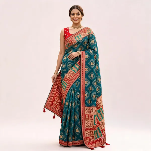 Peacock_Organza_Printed_Saree_With_Red_Border_For_Women