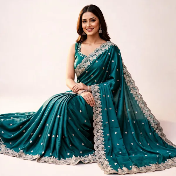 Teal_Tussar_Silk_Embroidered_Border_Saree_For_Women