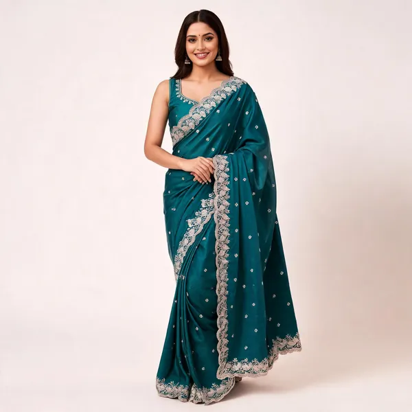 Teal_Tussar_Silk_Embroidered_Border_Saree_For_Women