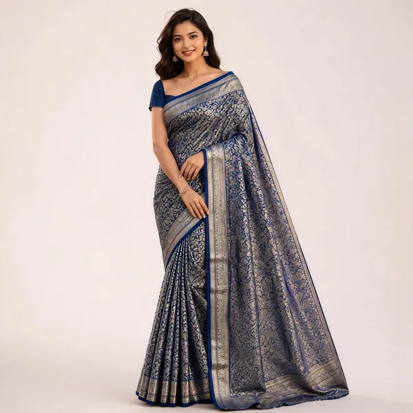 Navy_Blue_Chinnon_Zari_Border_Fancy_Saree_For_Women
