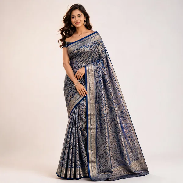 Navy_Blue_Chinnon_Zari_Border_Fancy_Saree_For_Women