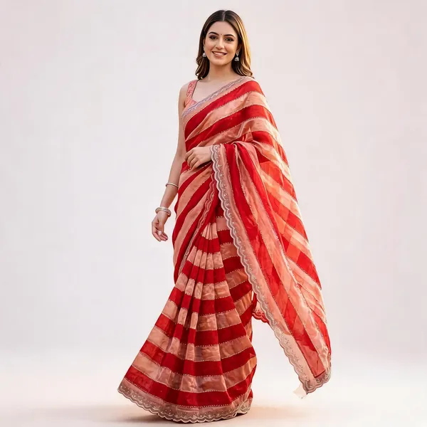 Red_Organza_Striped_Embellished_Border_Saree_For_Women