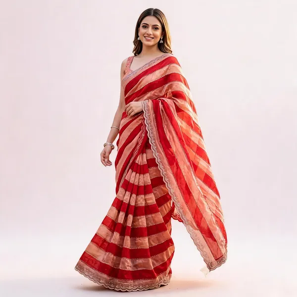 Red_Organza_Striped_Embellished_Border_Saree_For_Women