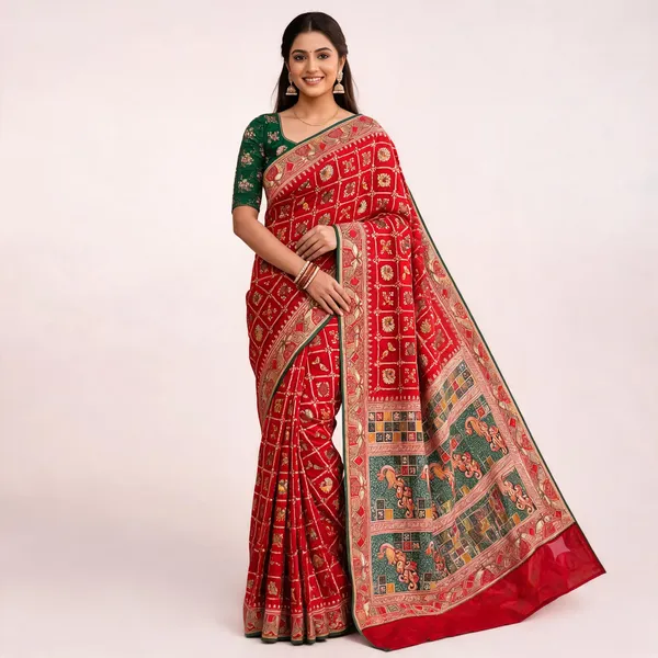 Red_Vichitra_Thread_Work_Gujarati_Saree_For_Women