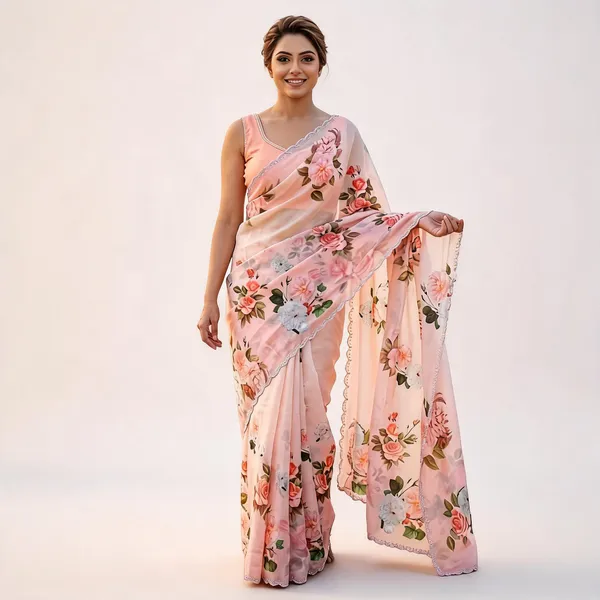 Peach_Satin_Floral_Print_Zarkan_Border_Saree_For_Women
