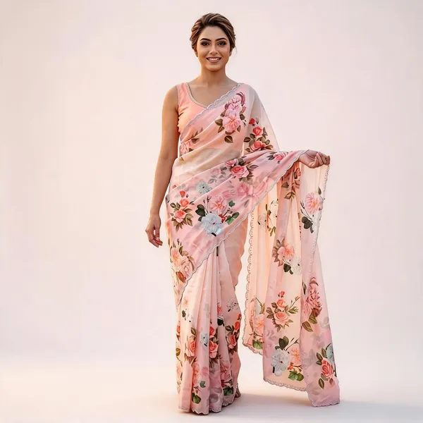 Peach_Satin_Floral_Print_Zarkan_Border_Saree_For_Women