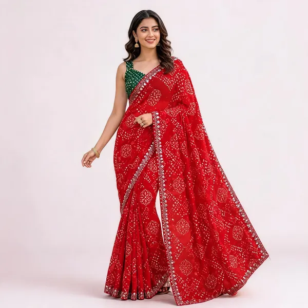 Red_Georgette_Bandhani_Print_Embroidered_Saree_For_Women