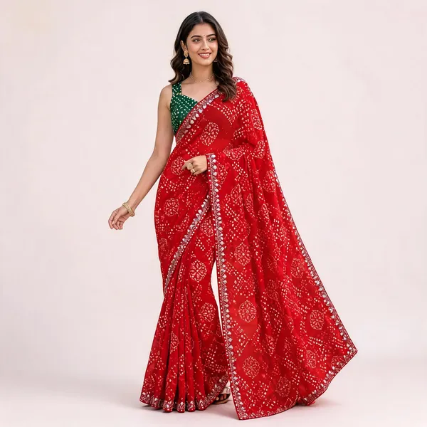 Red_Georgette_Bandhani_Print_Embroidered_Saree_For_Women