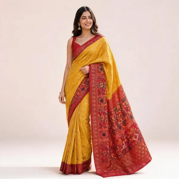 Yellow_Soft_Silk_Patola_Print_Saree_With_Red_Border_For_Women