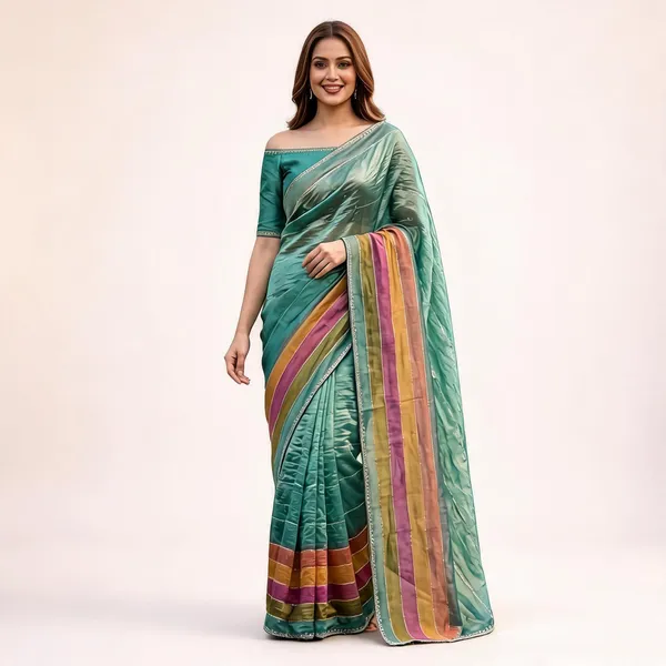 Sea_Green_Organza_Striped_Embroidery_Border_Saree_For_Women