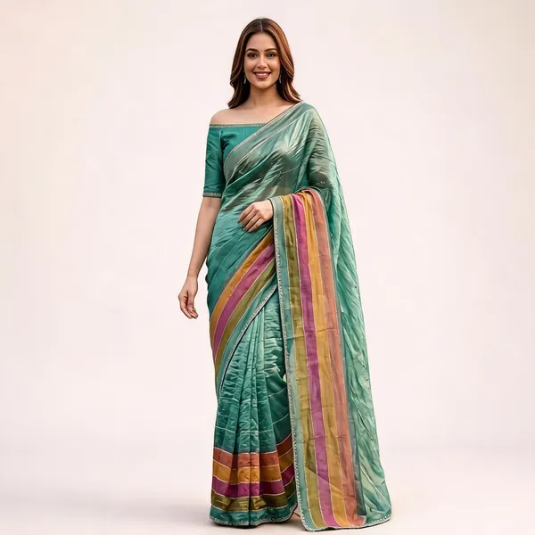 Sea_Green_Organza_Striped_Embroidery_Border_Saree_For_Women