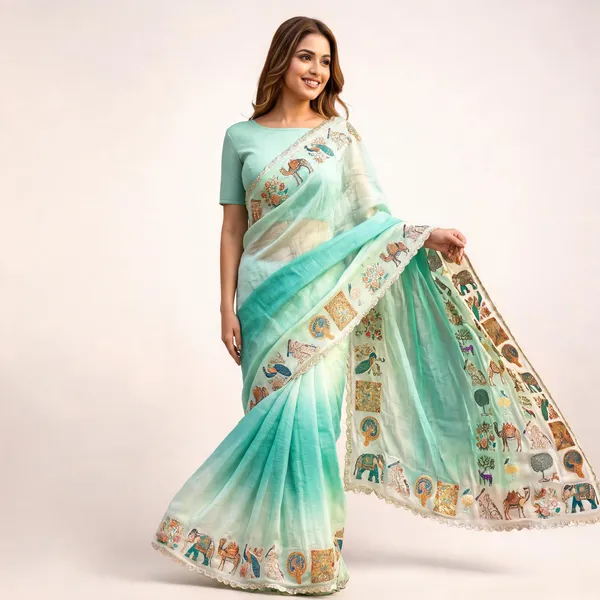 Sea_Green_Organza_Printed_Embroidery_Border_Saree_For_Women