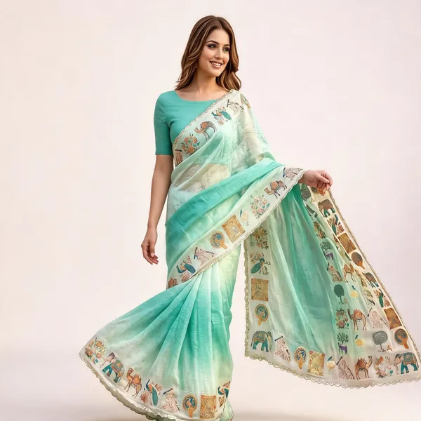 Sea_Green_Organza_Printed_Embroidery_Border_Saree_For_Women